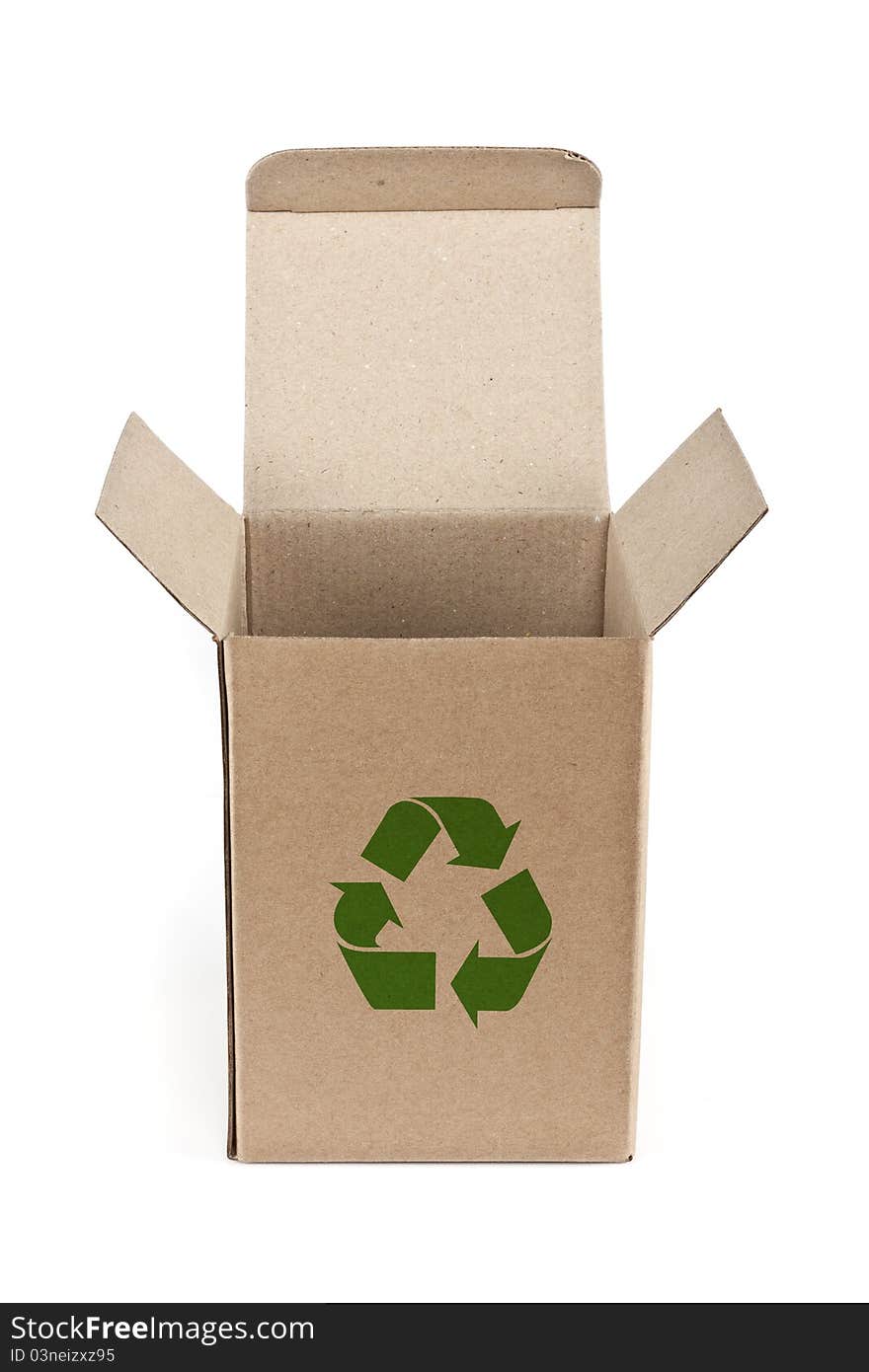 Green recycle sign on open paper box