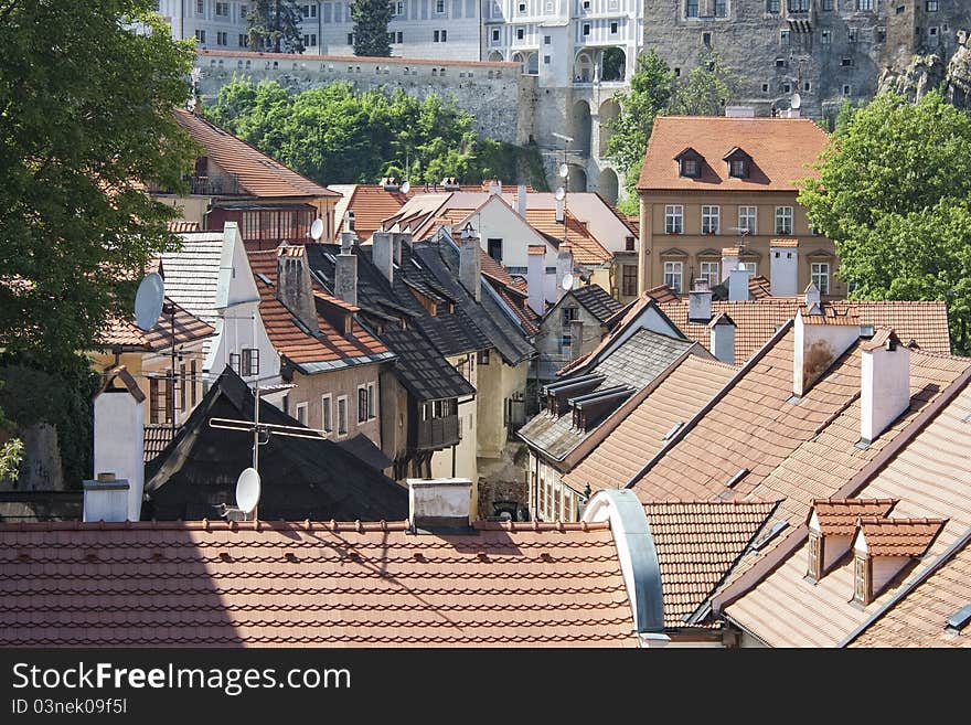 View of the roofs of the historical part of Cesky Krumlov, Czech Republic. View of the roofs of the historical part of Cesky Krumlov, Czech Republic