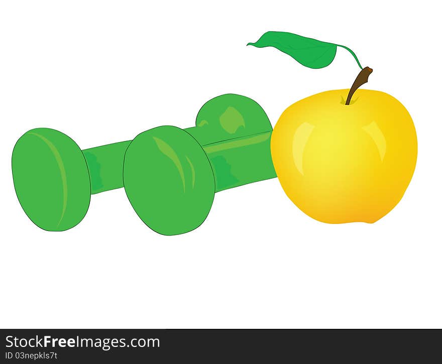 Sports dumbbells with a juicy apple.