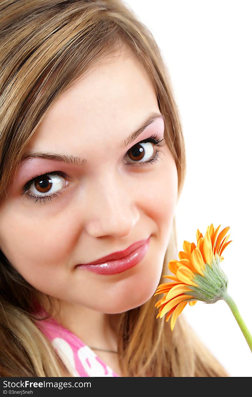 Attractive smiling woman portrait on white background