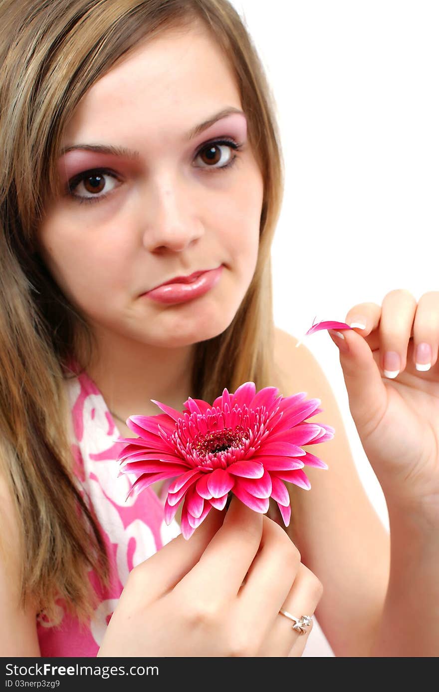 Attractive sad woman portrait on white background