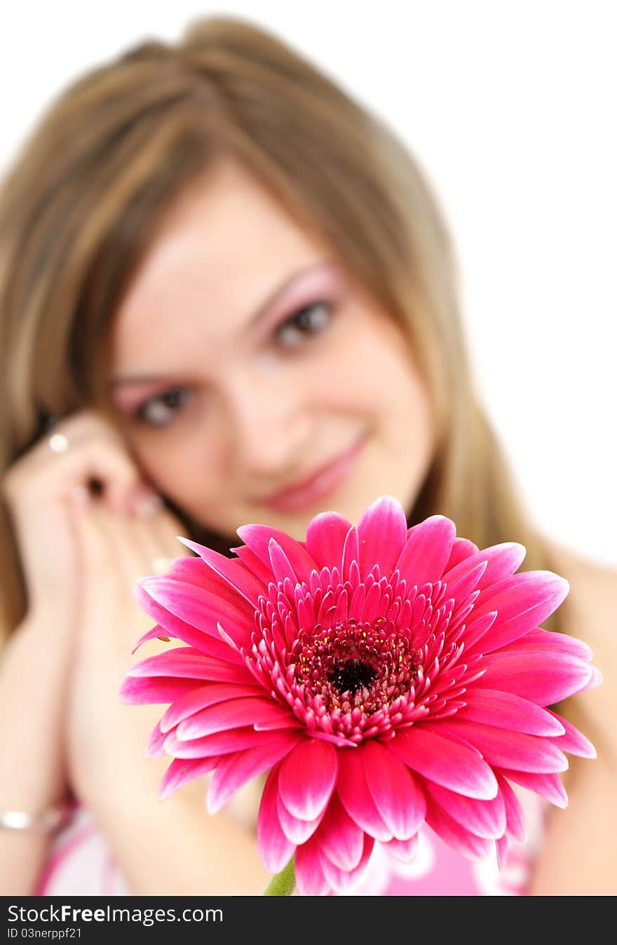 Attractive smiling woman portrait on white background