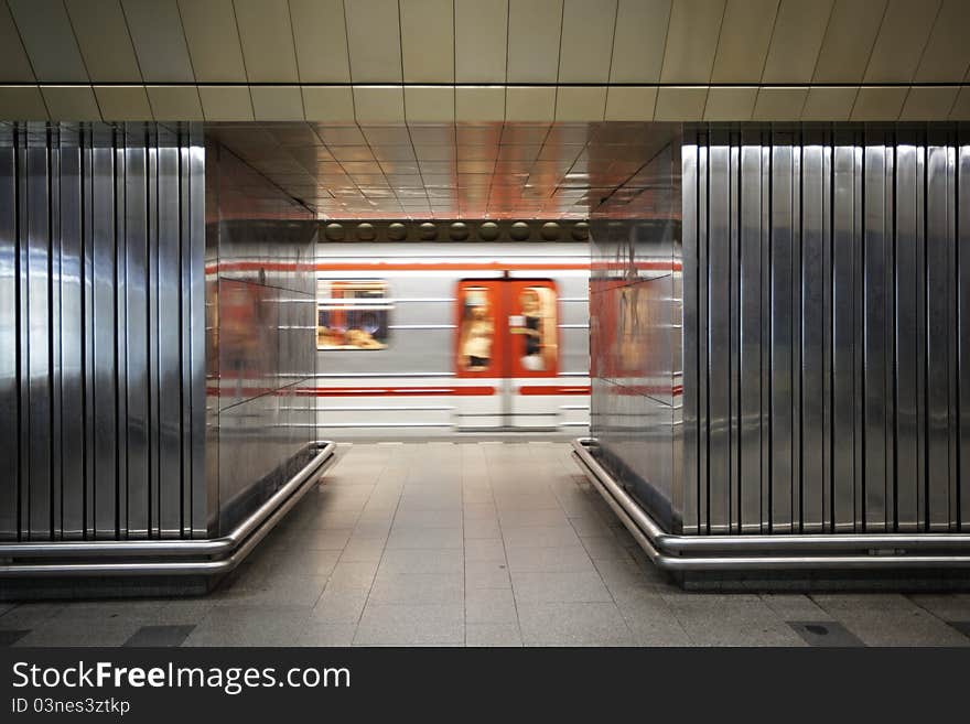 Subway train is arriving in station, Prague