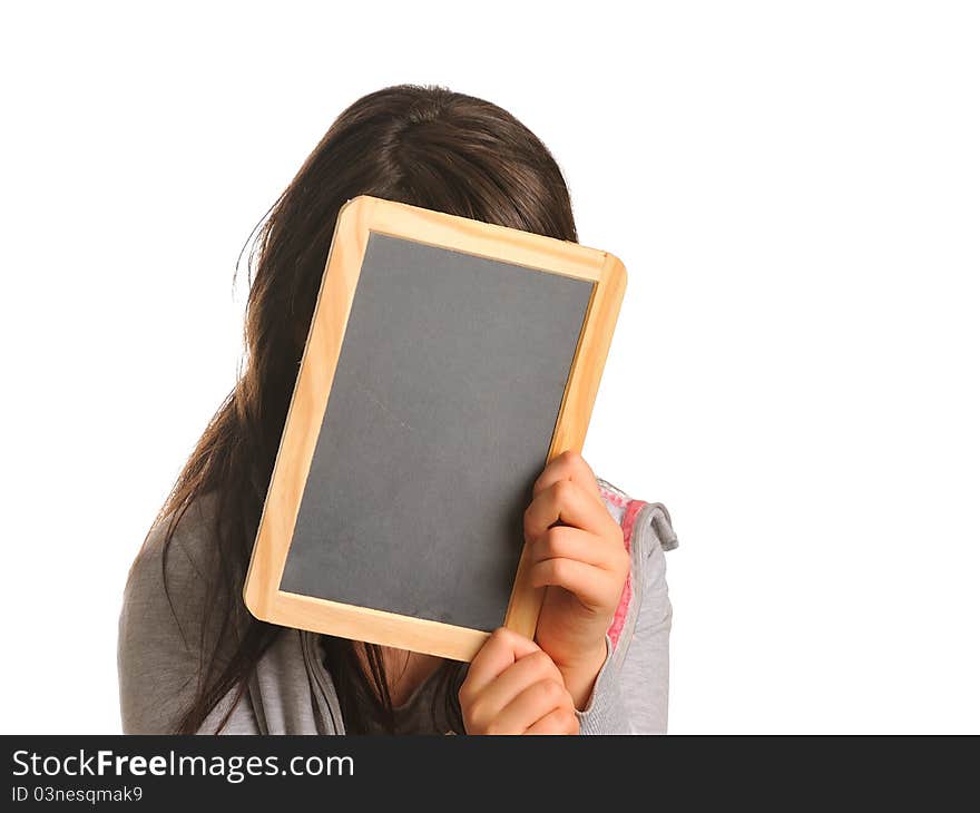 Young teenager with blackboard on face. Young teenager with blackboard on face