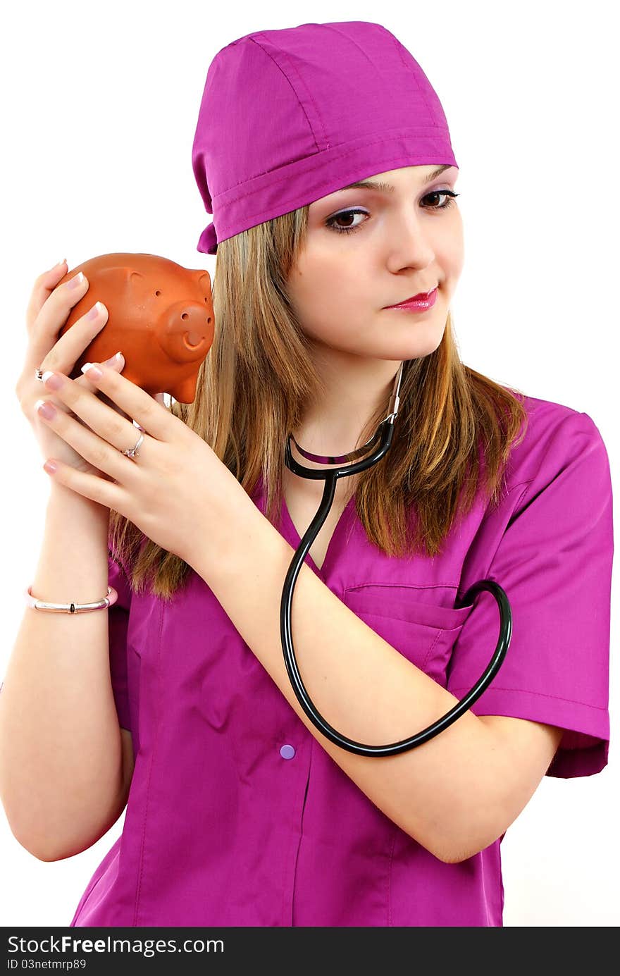 Young nurse with piggy bank