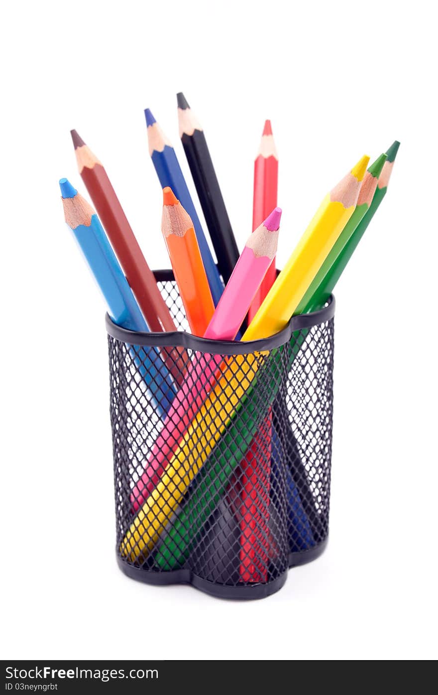 A stack of colored pencils on white background