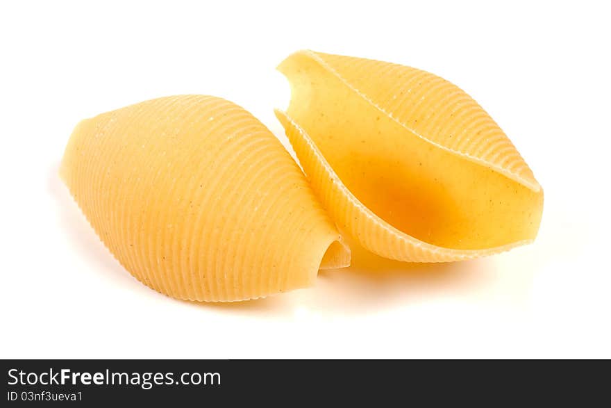 Two pasta shells on white