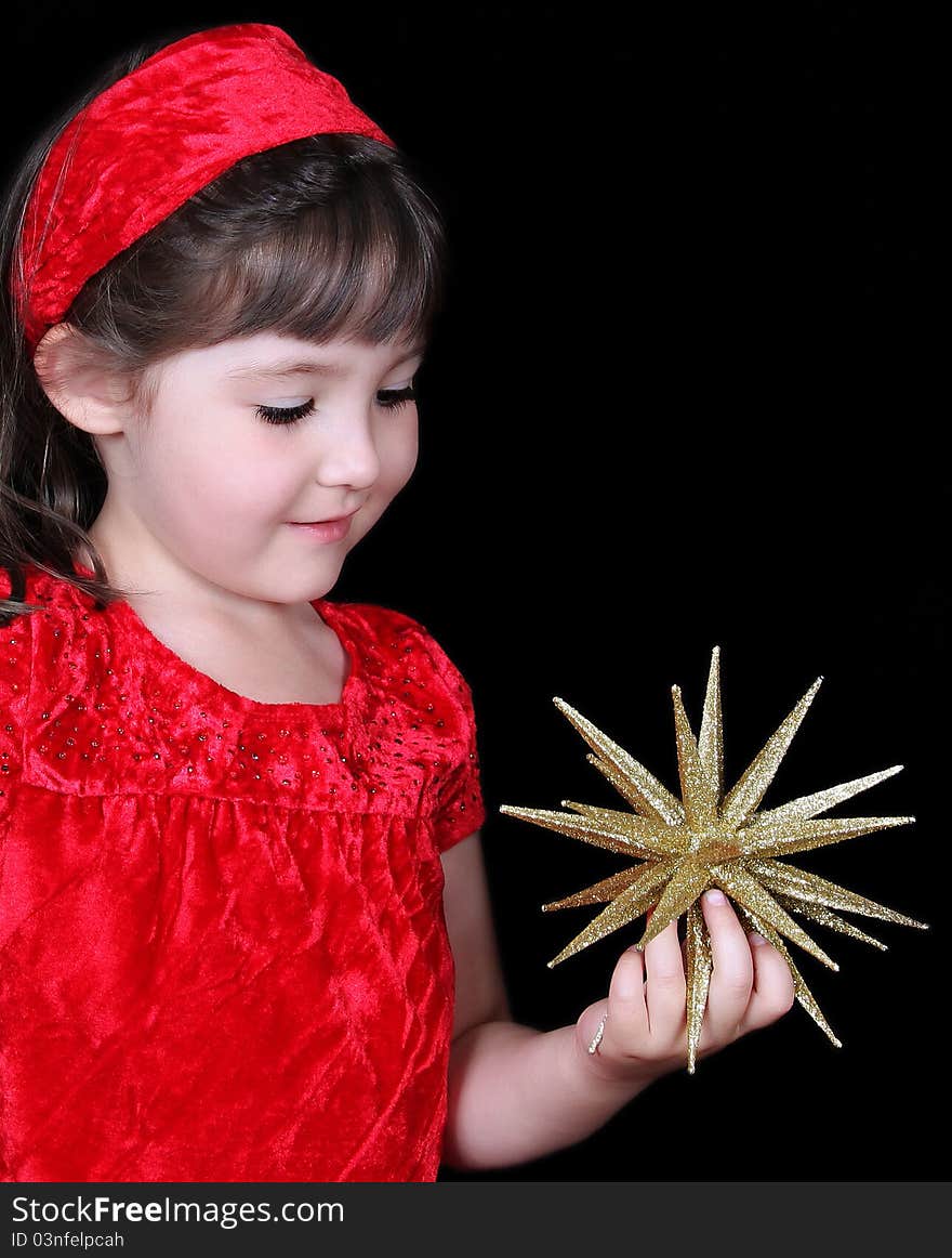 Cgirl In Christmas Dress Holding Gold Star