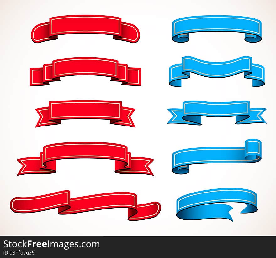 Collection of red and blue ribbons on a white background