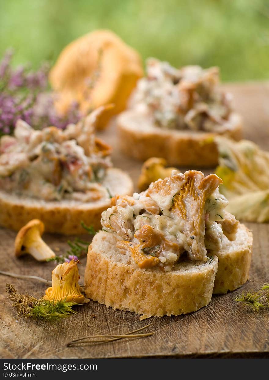 Bread with chanterelles and garlic for appetizer. Selective focus