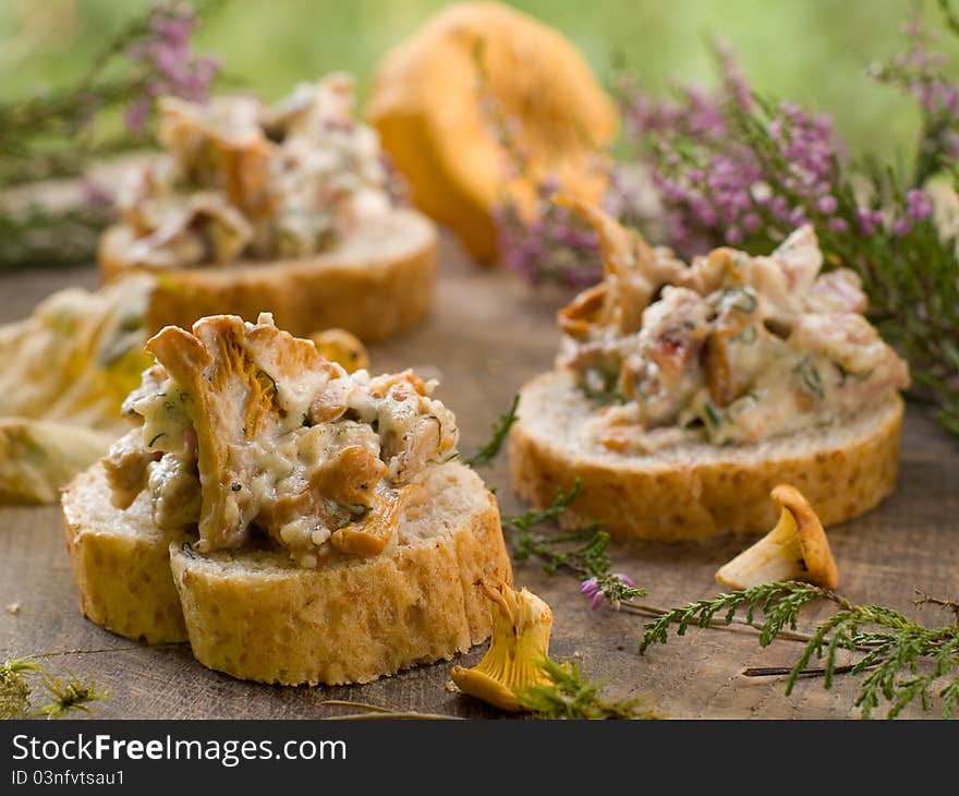 Bread with chanterelles and garlic for appetizer. Selective focus