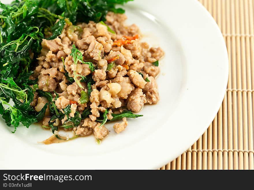 Thai spicy food, stir fried pork whit basil