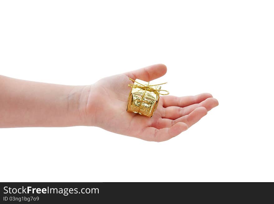 A child holding gift on a white background.