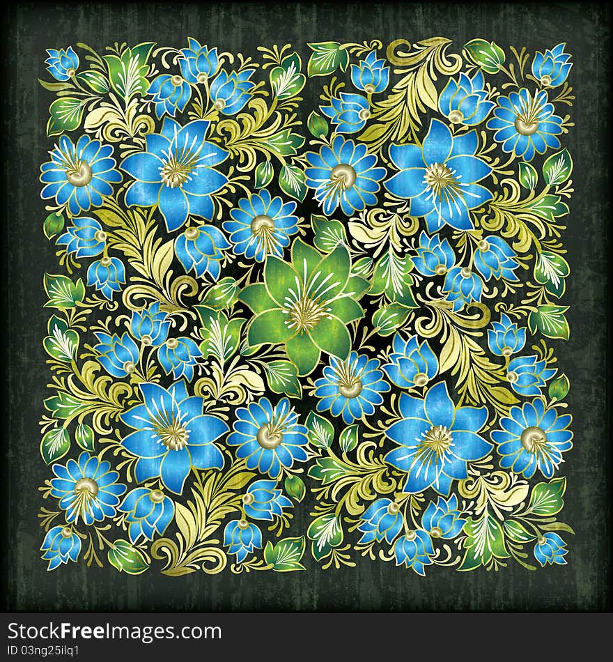 Abstract black grunge background with blue floral ornament. Abstract black grunge background with blue floral ornament