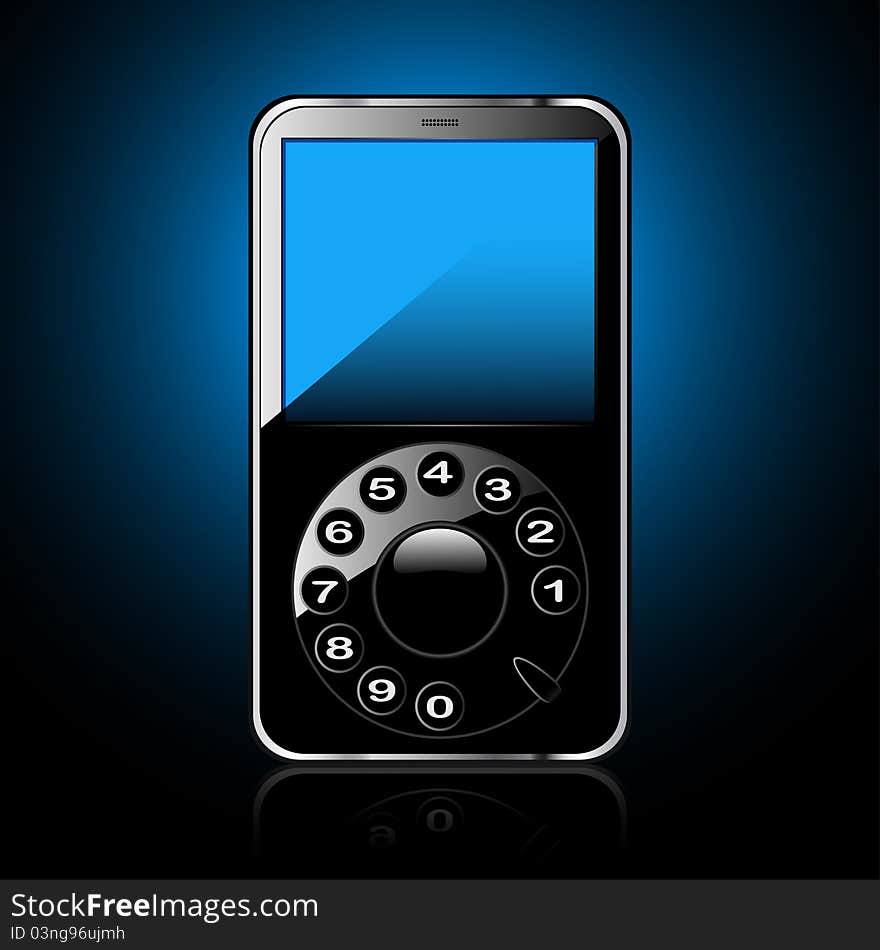 Illustration of a mobile phone with disk against, on a dark blue background.