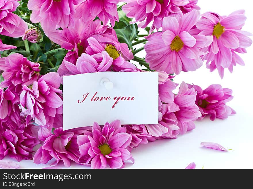 Says I love you on a background of beautiful flowers