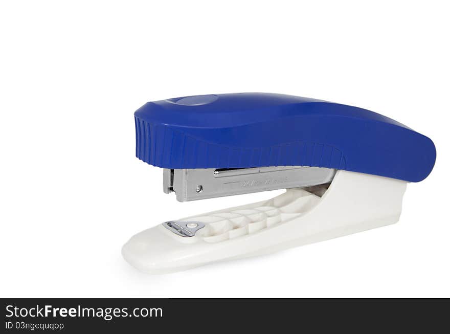 Blue stapler on white background