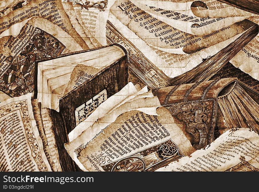 Fabric with ancient books background. Fabric with ancient books background