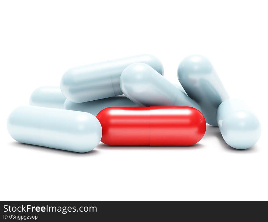 Many white and one red shiny pills (medical capsule) on white background