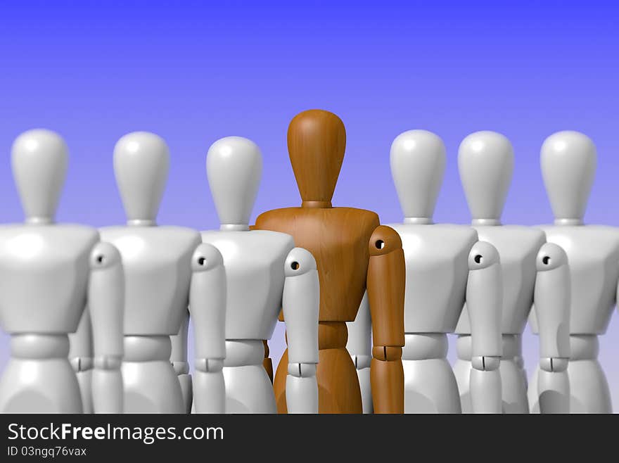 Wooden man in a row of blank humanoid. Wooden man in a row of blank humanoid