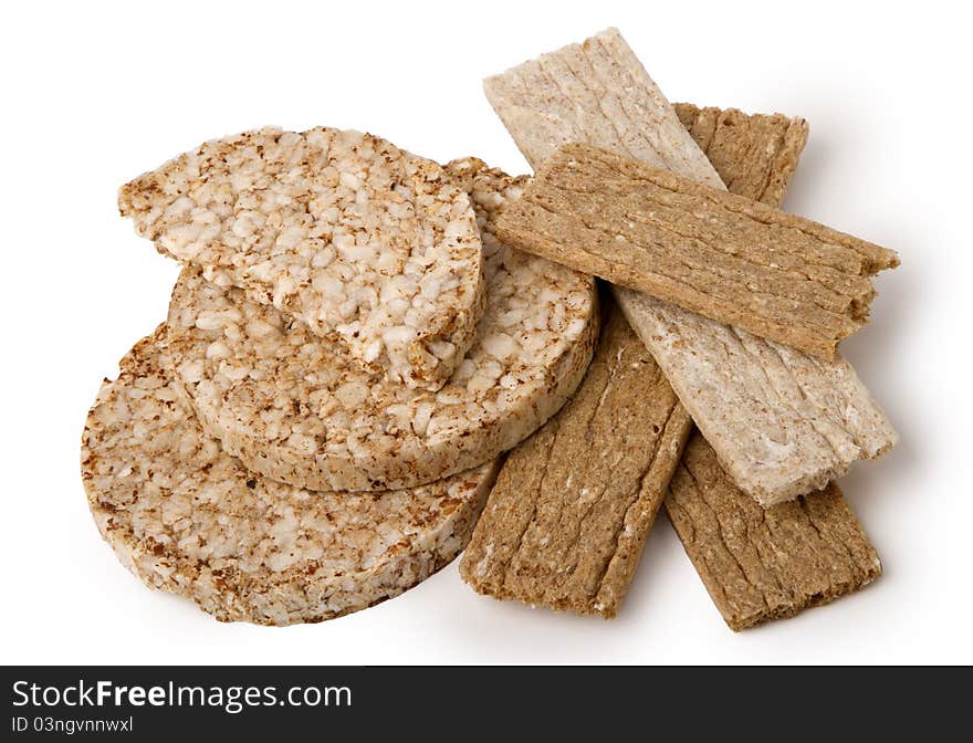 Different dietary dry crispbreads, isolated on white background