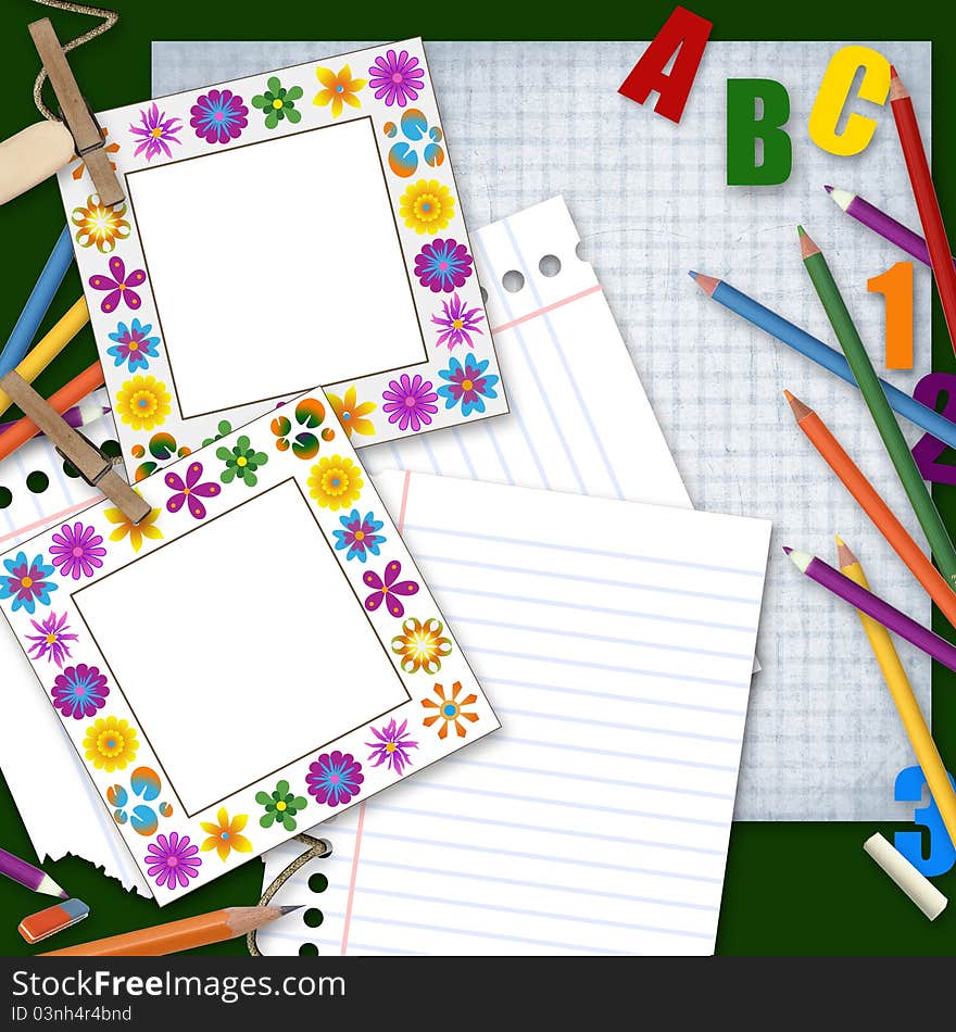 Two frames, paper and pensils, back to school background