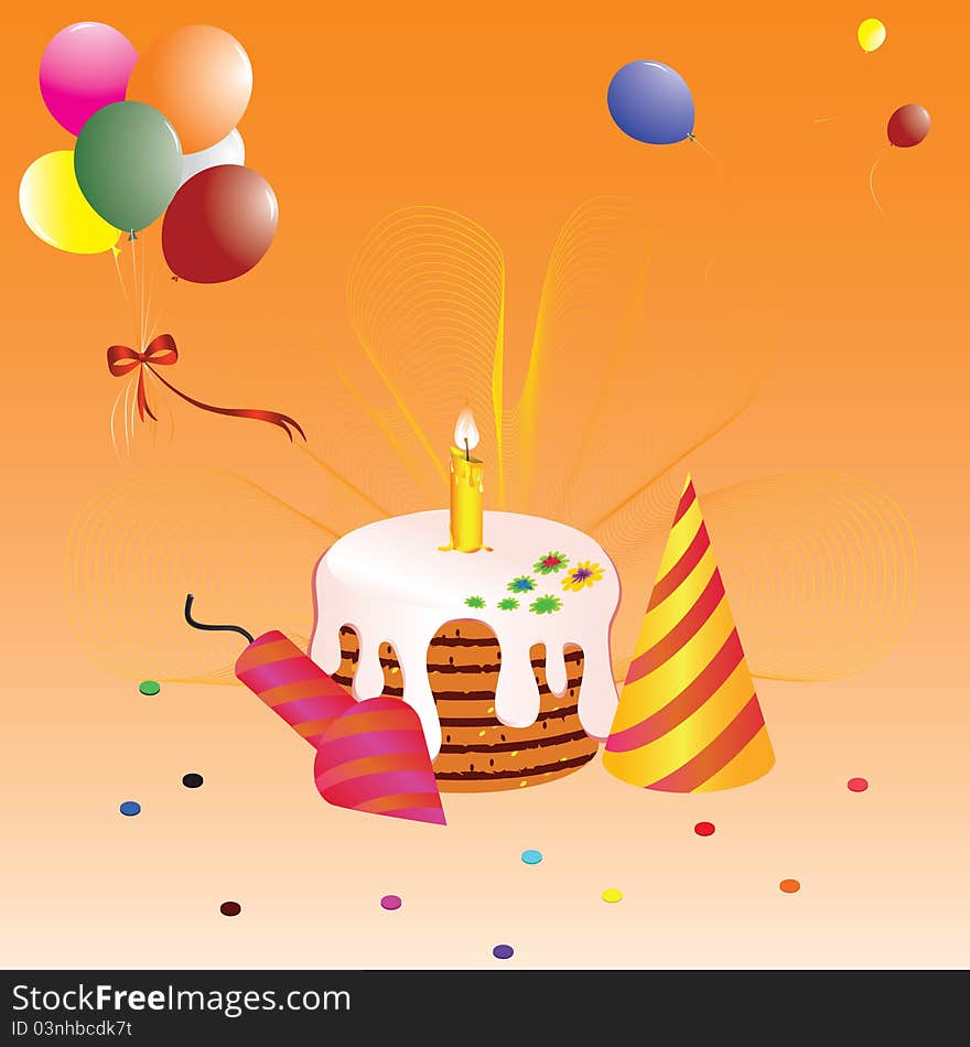 Birthday greeting card with a cake and balloons.