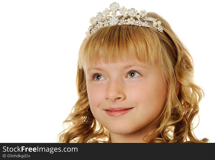 Beautiful happy girl with diadem looking up, isolated on white. Beautiful happy girl with diadem looking up, isolated on white