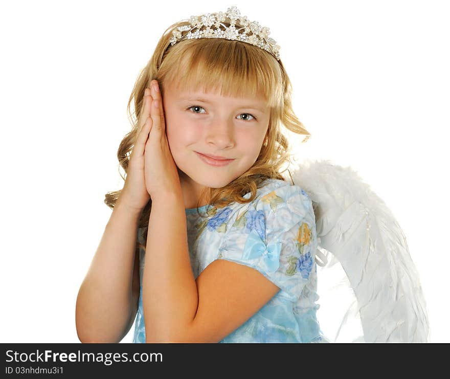 Happy girl with diadem and angel wings, isolated on white. Happy girl with diadem and angel wings, isolated on white