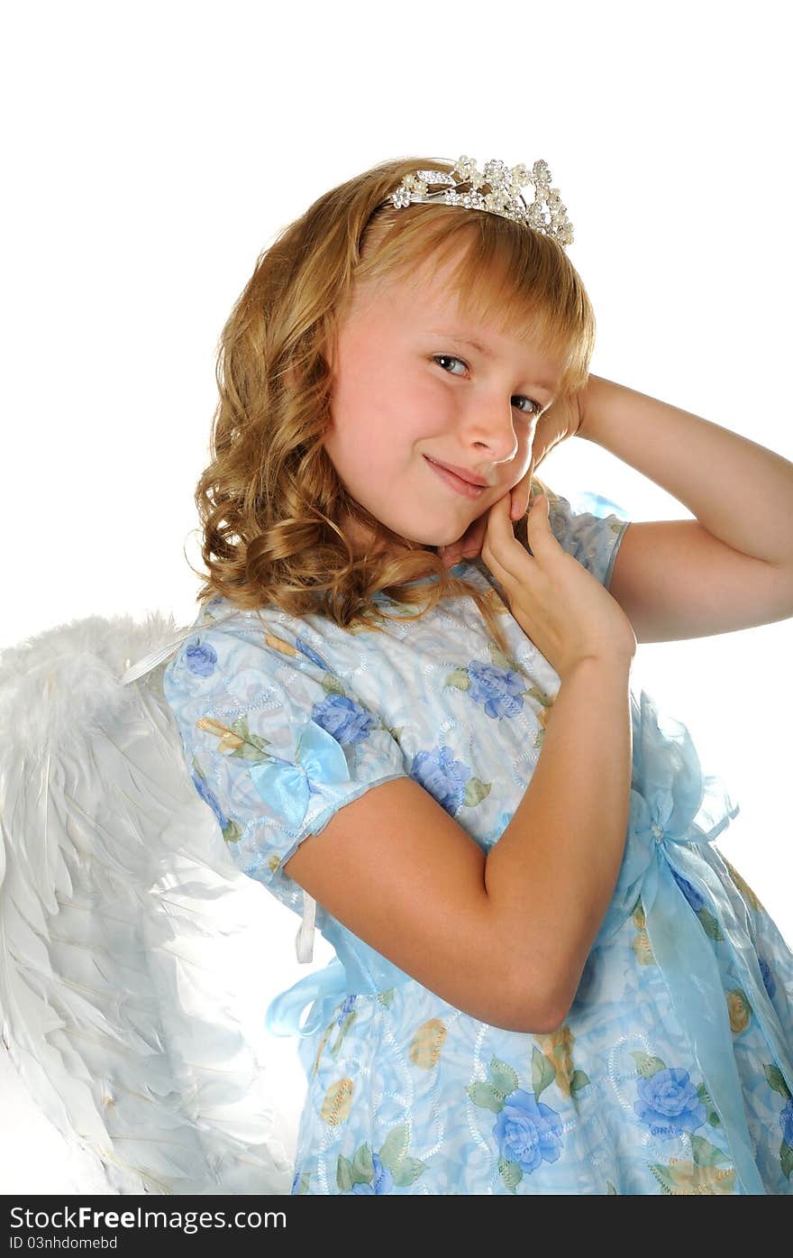 Beautiful happy girl with diadem and angel wings, isolated on white. Beautiful happy girl with diadem and angel wings, isolated on white