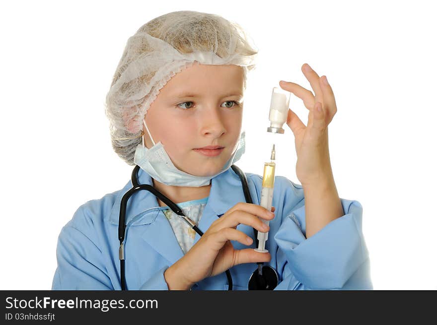 Young doctor with injectionon on a white background