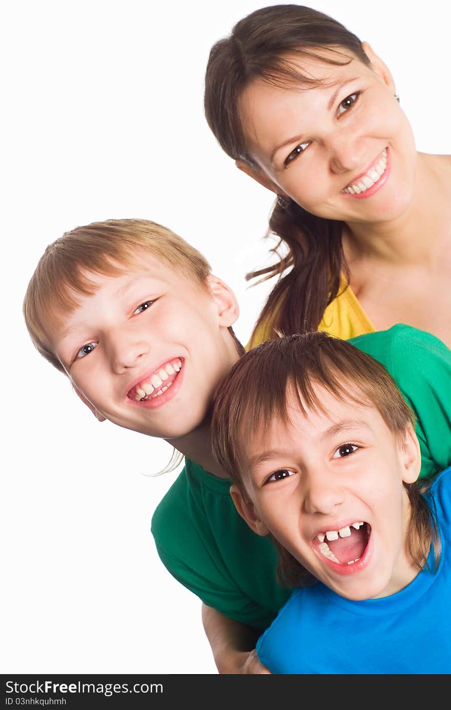 Portrait of a cute mom with her sons on white. Portrait of a cute mom with her sons on white