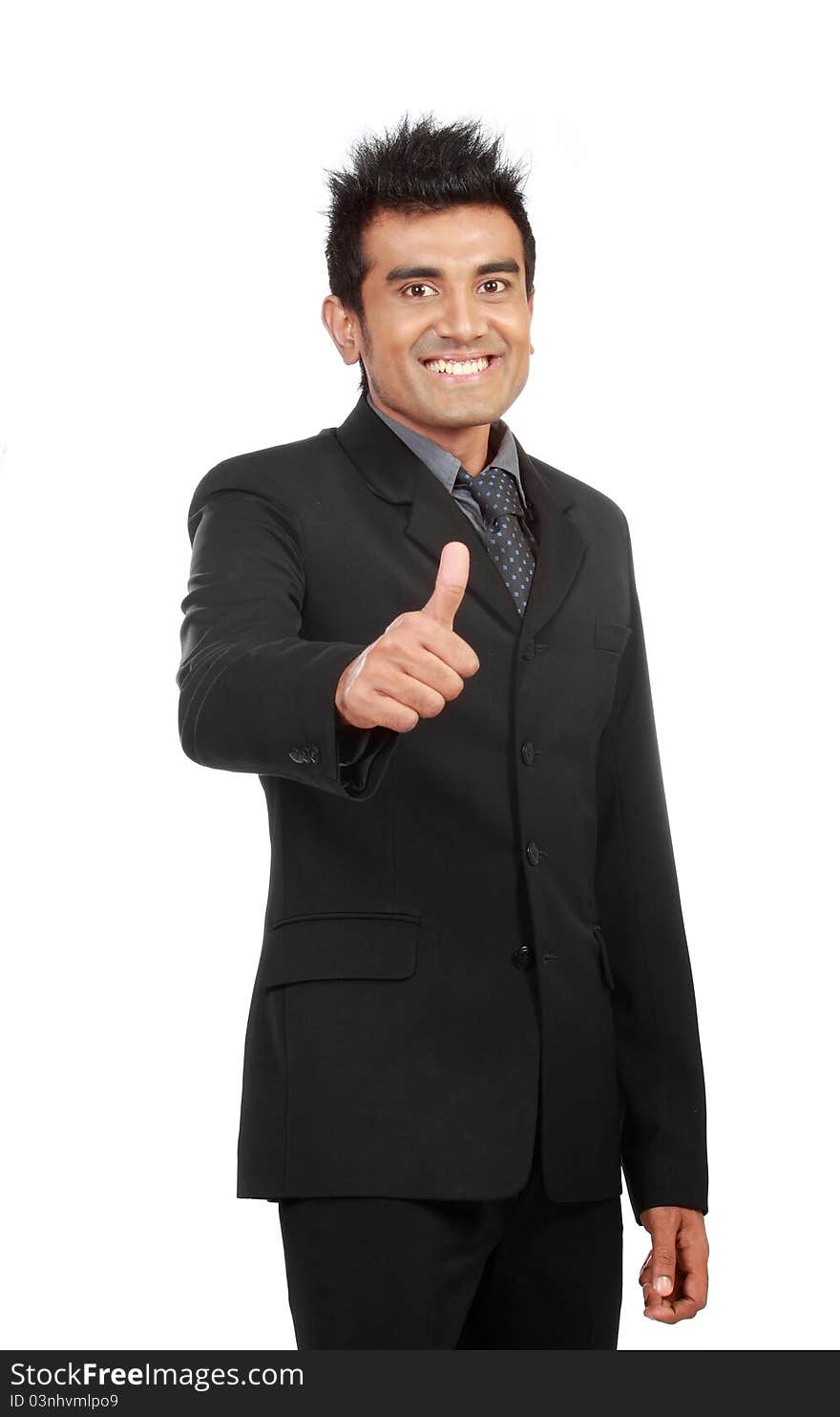 A handsome businessman with thumbs up on an isolated white background