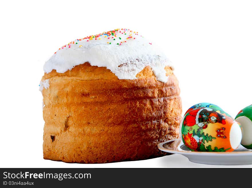 Easter cake and three easter eggs on white background. Easter cake and three easter eggs on white background