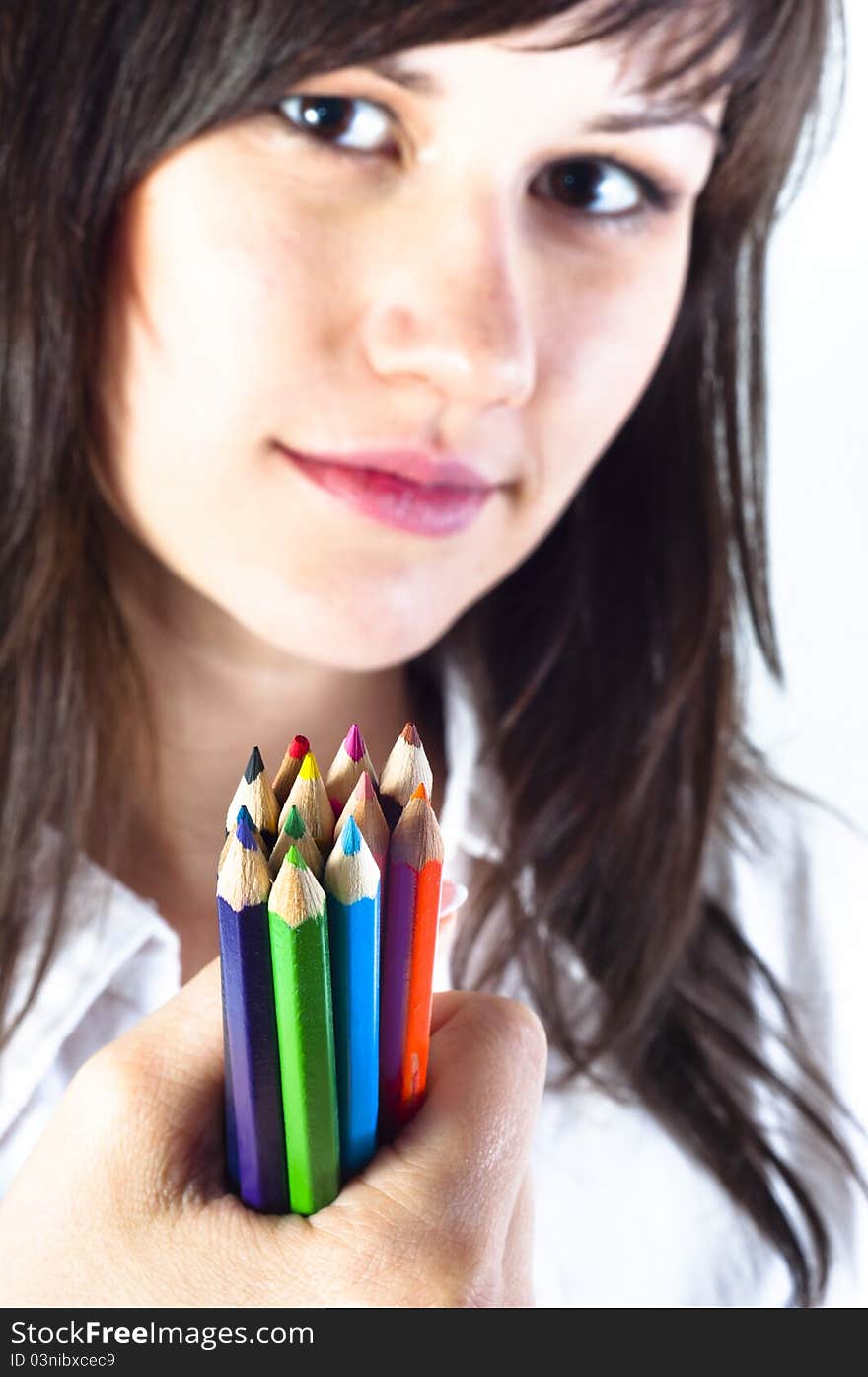 Student Girl With Colored Pencils