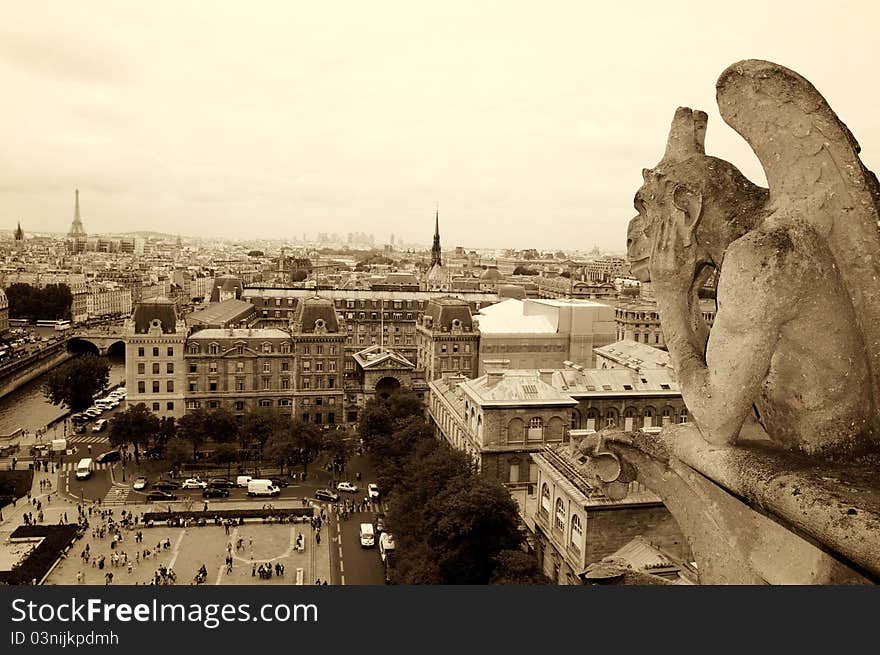 Gothic gargoyle Statue on cloudy sky background and top view from cathedral Notre Dame on streets