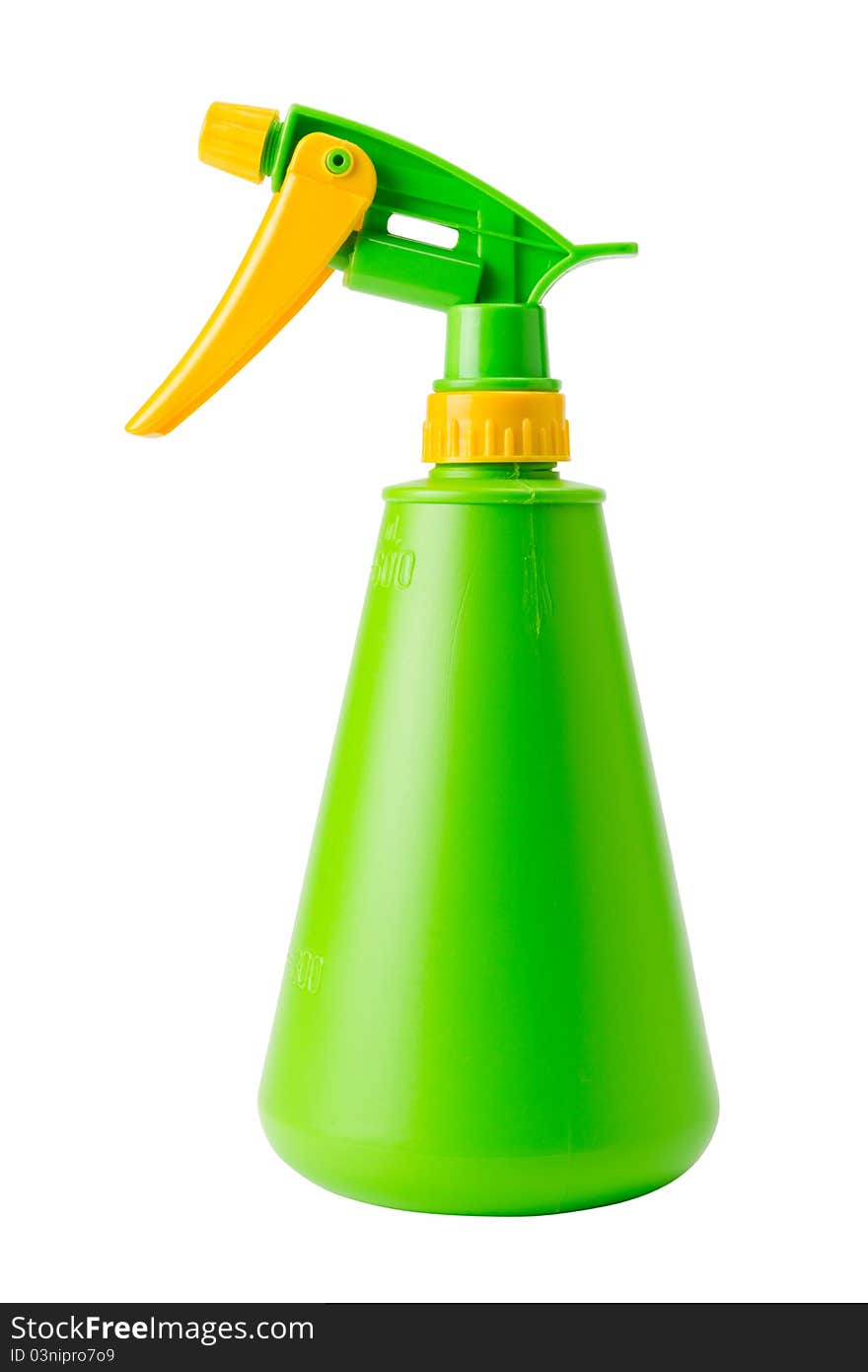 Green spray bottle, isolated