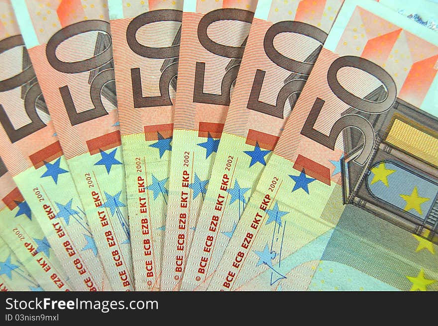 Close-up of 50 euro banknotes