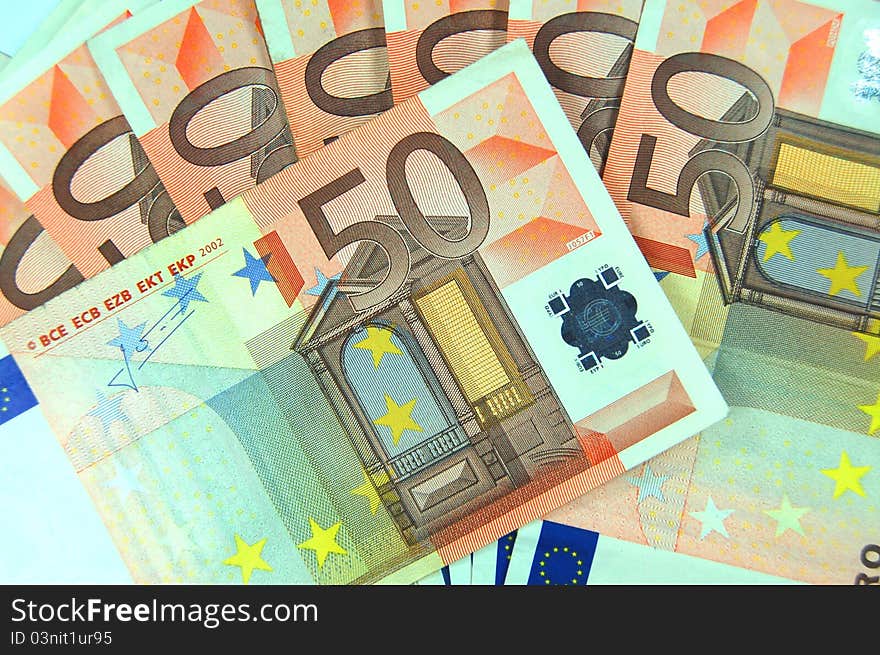 Close-up of 50 euro banknotes