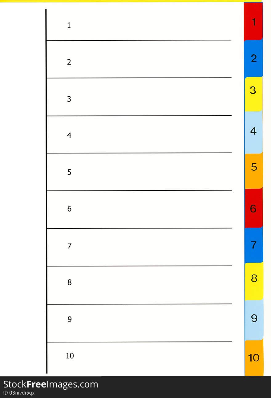 Blank notebook page with color bookmarks for data storage