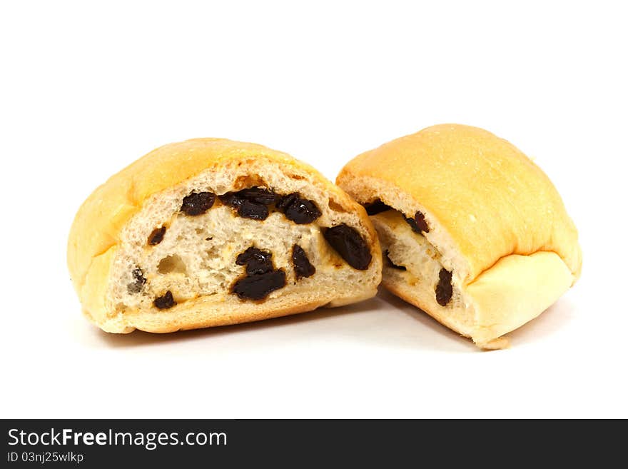 Raisin bread on white background