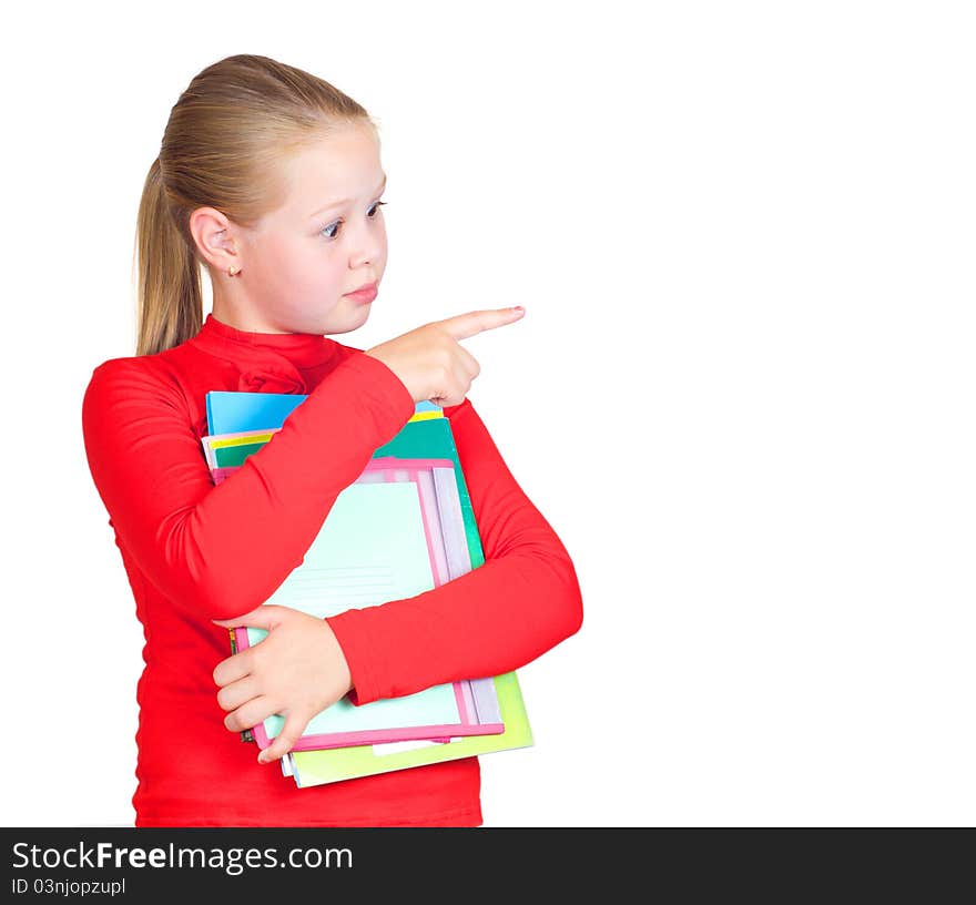 Child with a stack of notebooks on white