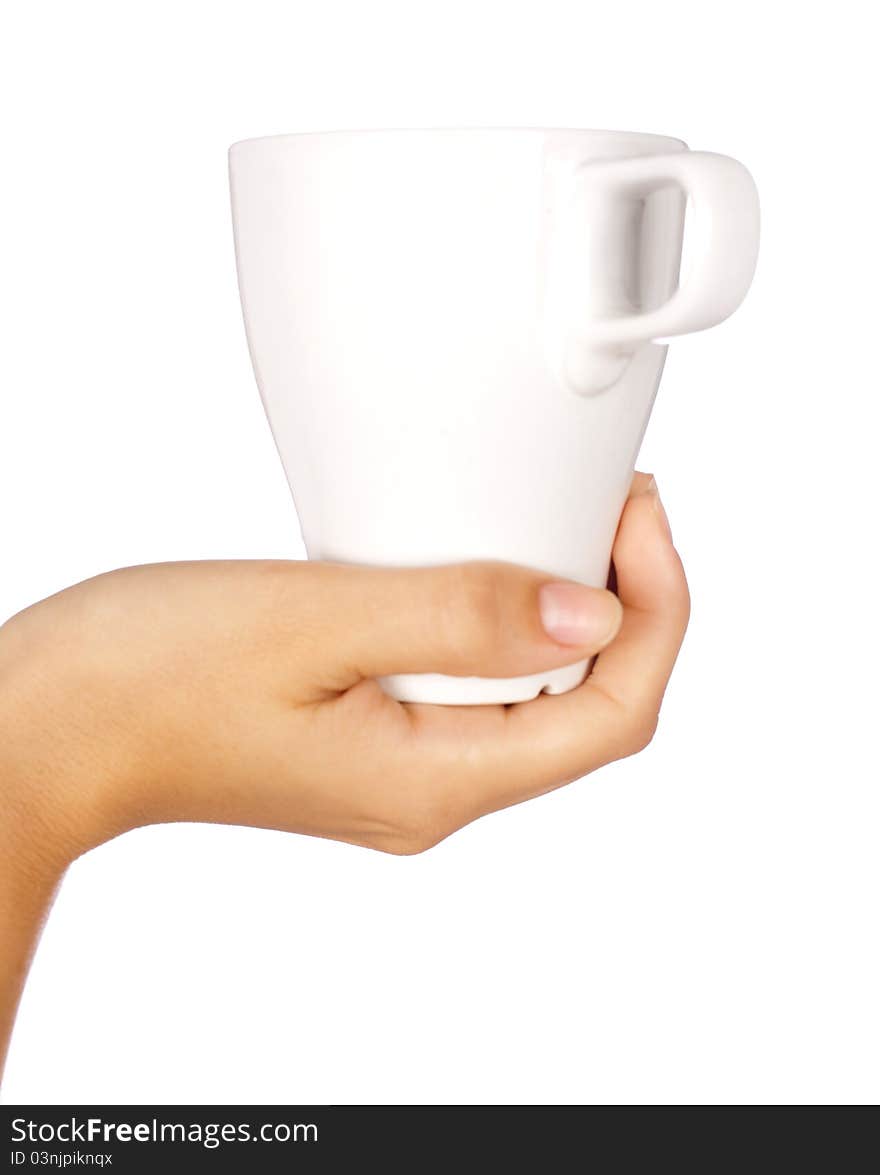 Hand holding coffee mug with white background