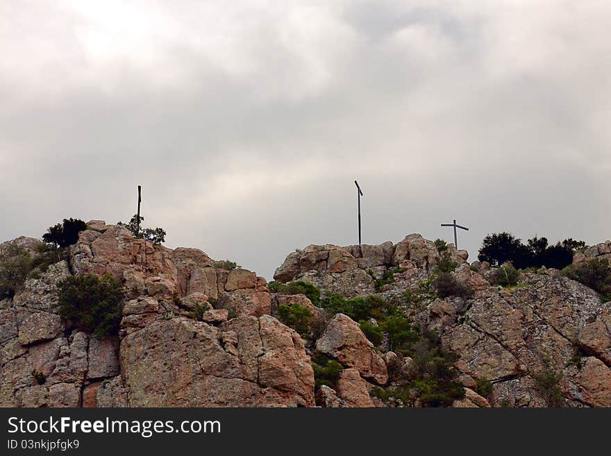 Site of three crosses, rock of Roquebrune, department of the Var, France. Site of three crosses, rock of Roquebrune, department of the Var, France