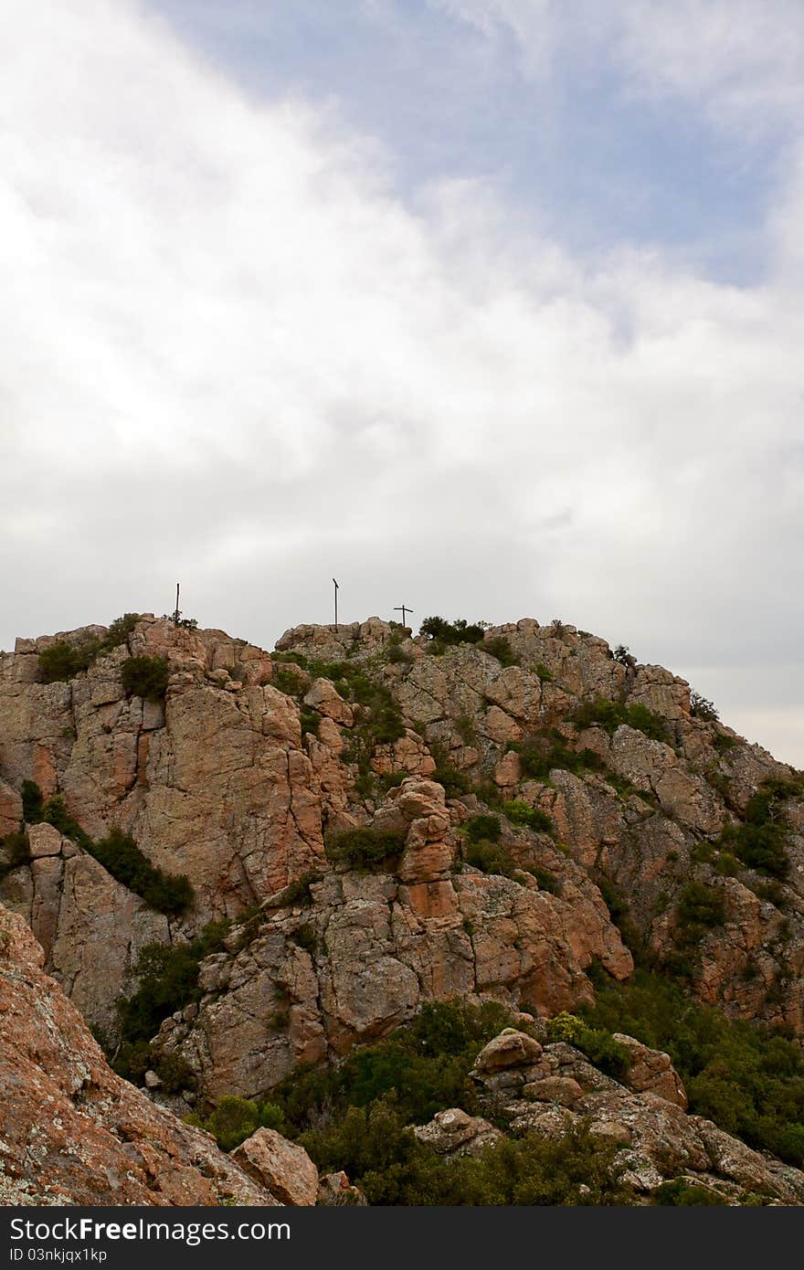 Site of three crosses, rock of Roquebrune, department of the Var, France. Site of three crosses, rock of Roquebrune, department of the Var, France