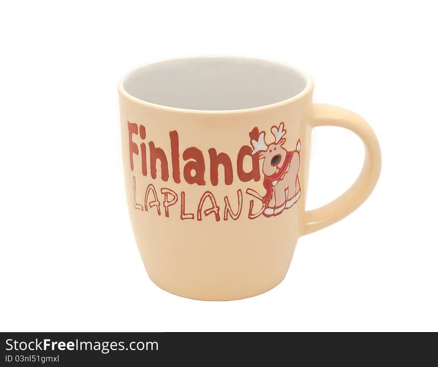 Empty brown cup with the inscription finland lapland