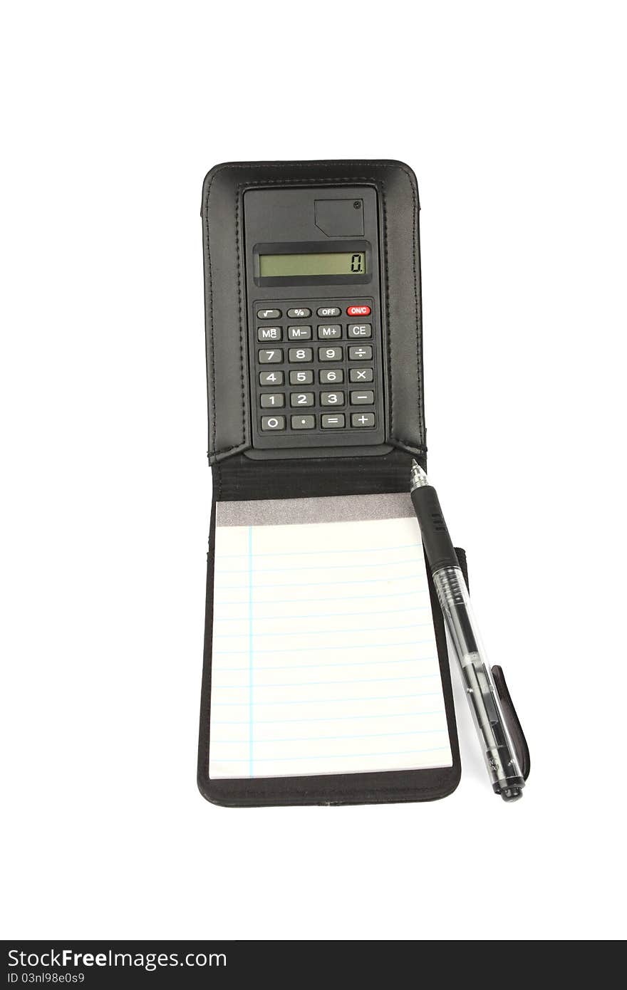 Calculator with note pad and pen