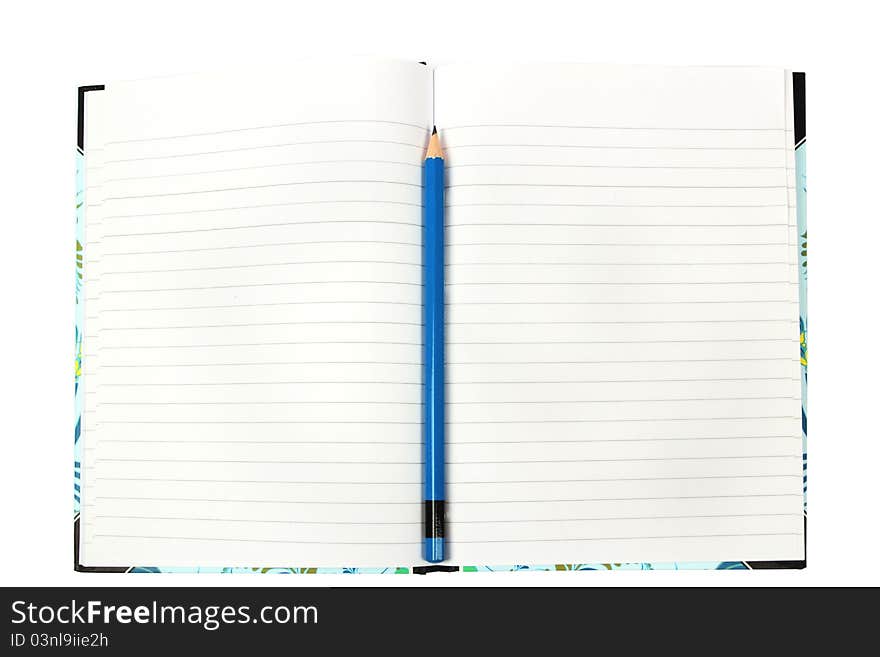 Single blue pencil in the centre of book