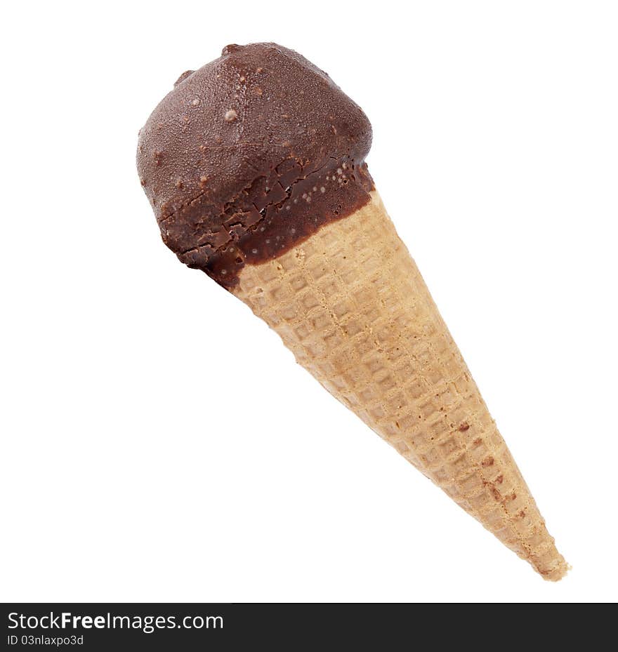 Ice cream horn with chocolate icing on a white background