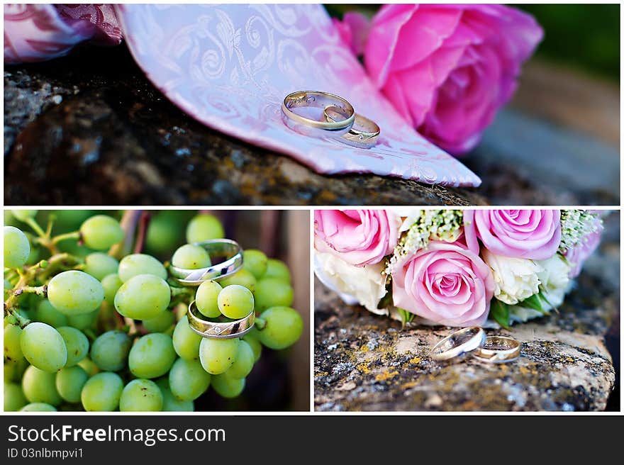 Wedding rings collage with tie, stone, rose and wine